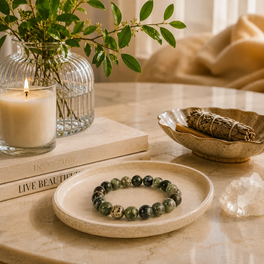 Dendritic Green Jade Bead Bracelet