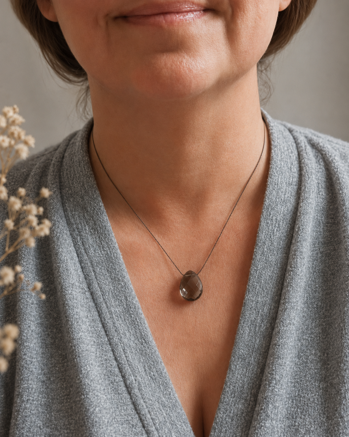 Faceted Smoky Quartz Teardrop Necklace on Silk Cord